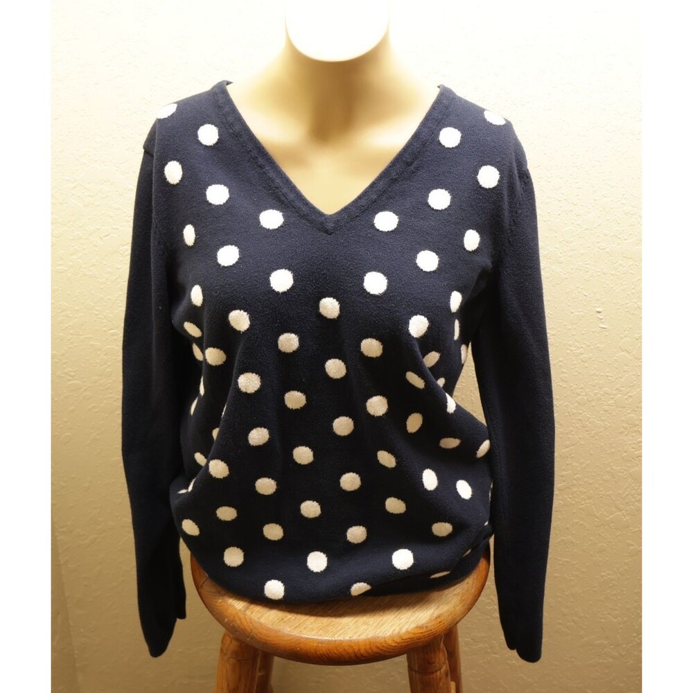 Tommy Hilfiger Womens Sweater Medium Blue White Polka Dot Long Sleeve V-Neck
